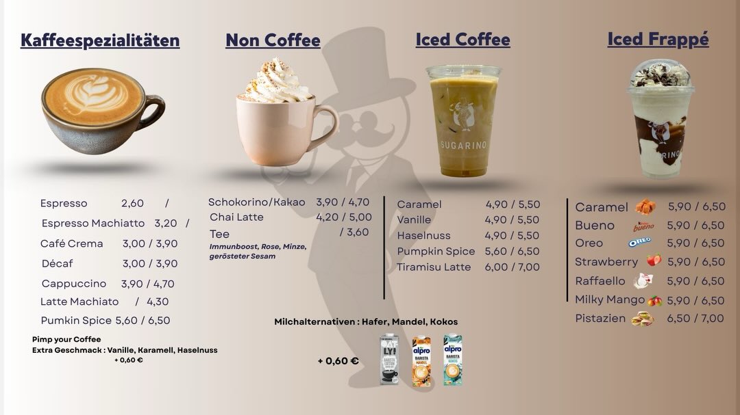 Sugarino Karte mit Kaffeespezialitäten, Non Coffee, Iced Coffee und Iced Frappé