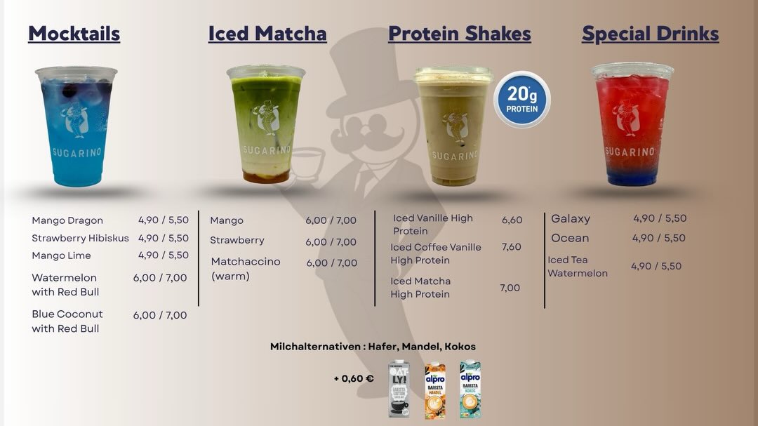 Sugarino Karte mit Mocktails, Iced Matcha, Protein Shakes und Special Drinks