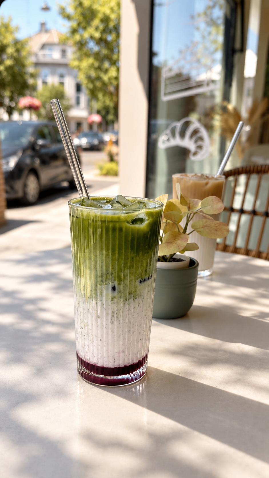 Iced Matcha: geschichteter Drink von Sugarino mit Matcha, Milch und Eis